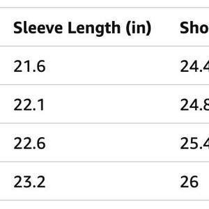 May include: A white table displaying a size chart for clothing. The chart includes measurements for bust, sleeve length, shoulder, and length in inches. Sizes range from Small to X-Large, with corresponding measurements.