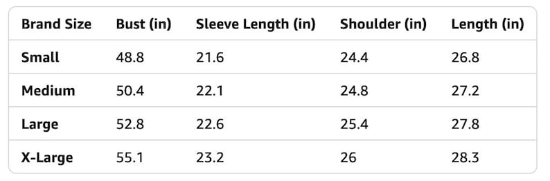 May include: A white table displaying a size chart for clothing. The chart includes measurements for bust, sleeve length, shoulder, and length in inches. Sizes range from Small to X-Large, with corresponding measurements.