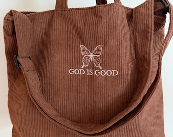 Bolso bandolera de pana con bordado "Dios es bueno", estilo retro cristiano con mariposas, bolso de estudio bíblico con cremallera, regalo cristiano para mujer