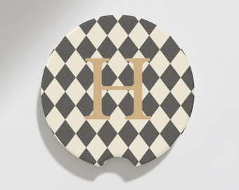 Retro Checkered Car Coasters Lux Personalized Soapstone Cup Holder Inserts Vintage Monogram Auto Accessory