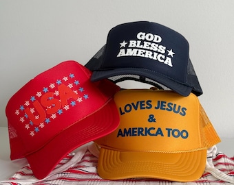 USA Trucker Hat Custom Retro Fourth of July Patriotic God Bless America Hat Loves Jesus & America Too Music Lover Snapback Summer Party Hat