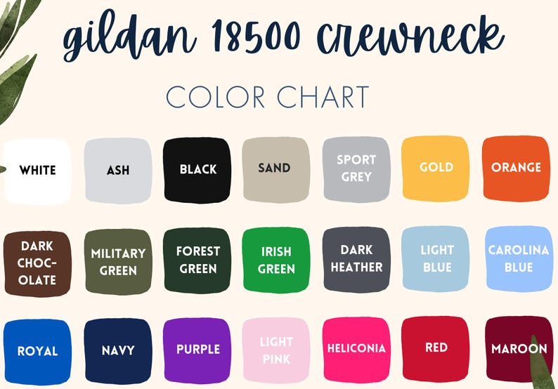 May include: Color chart for Gildan 18500 crewneck t-shirts. The chart shows 20 different colors, including white, ash, black, sand, sport grey, gold, orange, dark chocolate, military green, forest green, Irish green, dark heather, light blue, Carolina blue, royal, navy, purple, light pink, heliconia, red, and maroon.
