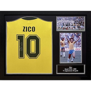 Framed Zico Signed Brazil 1982 Replica Shirt: Football Legend Memorabilia