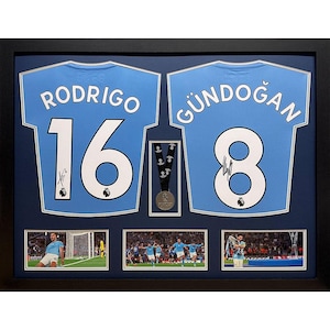 Official Manchester City FC Rodri and Gundogan Signed Shirts & Medal, Signed Shirt - Ultimate man cave - gift for him - football fan gift