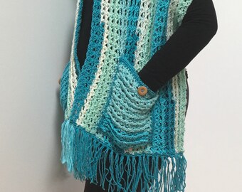 Pocket Shawl Crocheted Blue Shawl with Pockets and Fringes