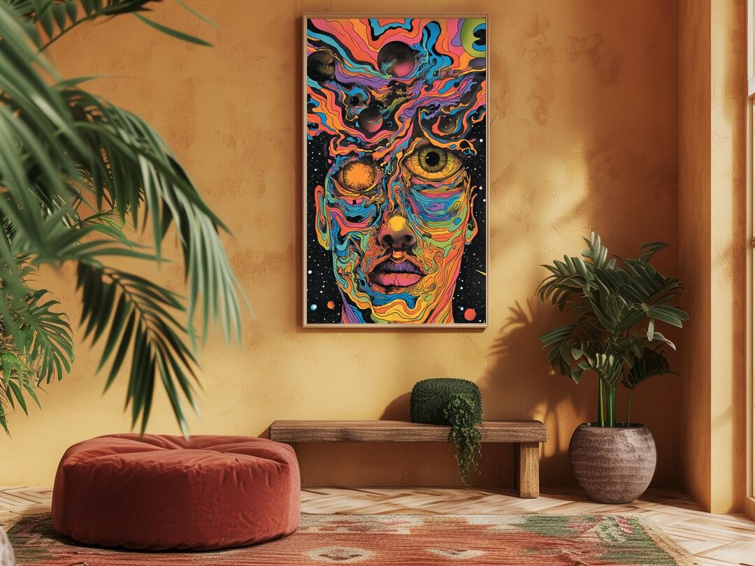 Psychedelic Cosmic Face Poster Art LSD Inspired Vibrant Illustration ...