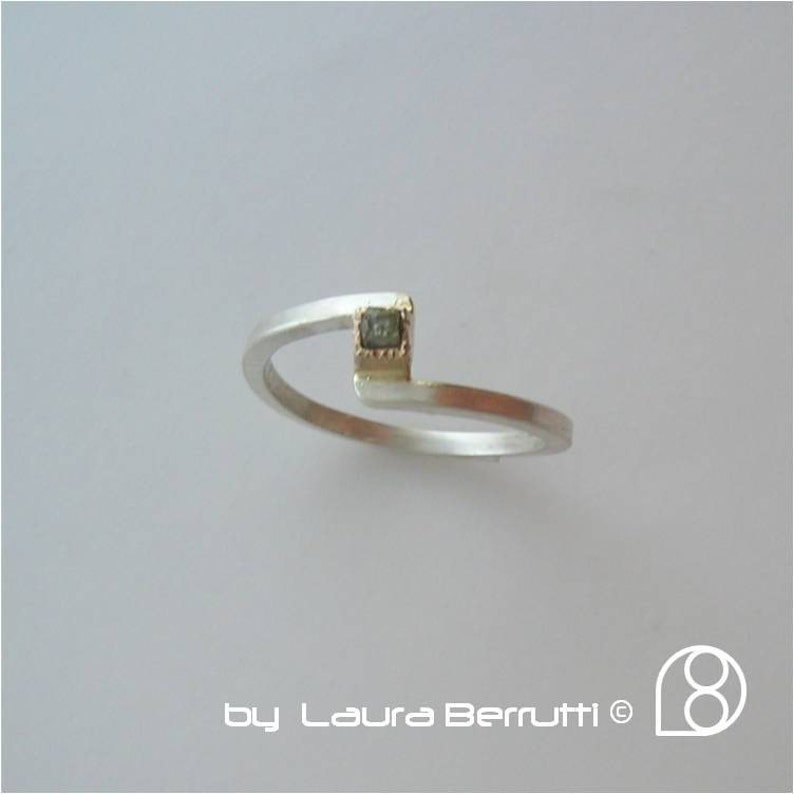 Starling Silver ring with 14K Gold and Raw Square Diamond image 3