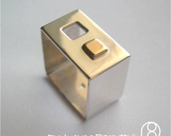 Square Sterling Silver Ring With Square Window and Square 14K Gold Detail