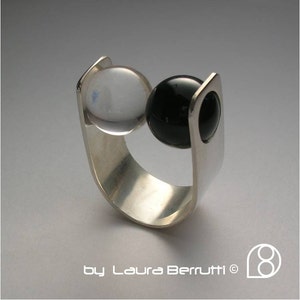 Sterling Ring with Onyx and Crystal Rock Spheres image 1