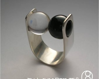 Sterling Ring with Onyx and Crystal Rock Spheres