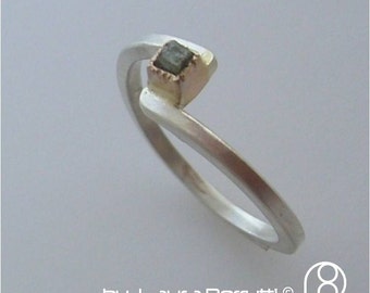 Starling Silver ring with 14K Gold and Raw Square Diamond