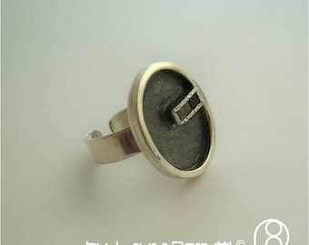 Sterling Silver Ring with 3 Raw Diamonds in Oxidized Oval Frame