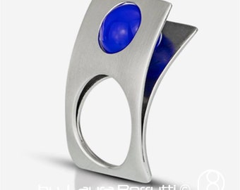 Sterling Curved Ring with Blue Quartz Sphere