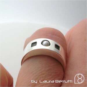 Sterling Silver Band avec Pearl and Oxidized Squares