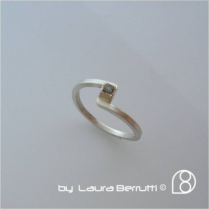 Starling Silver ring with 14K Gold and Raw Square Diamond image 4