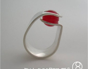 Sterling Ring with Round Red Quartz Sphere in Tension