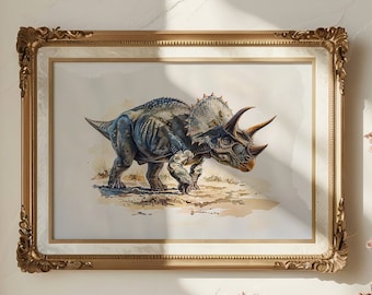 Museum-Inspired Watercolor Triceratops Art Print, Dinosaur Wall Art for Nursery, Dino Art Prints, Dinosaur Gifts for Adults