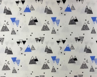 Blue White Black Mountains Geometric Print Cotton Fabric -by the Yard