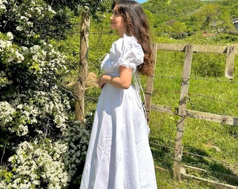 Handmade White Summer Dress | Balloon Sleeves, Slit Detail Handmade White Summer Dress | Balloon Sleeves, Slit Detail