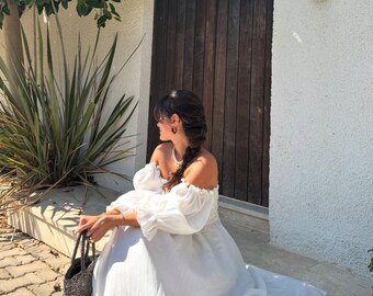 Handmade White Linen Dress | Off-shoulder Balloon Sleeve - Etsy