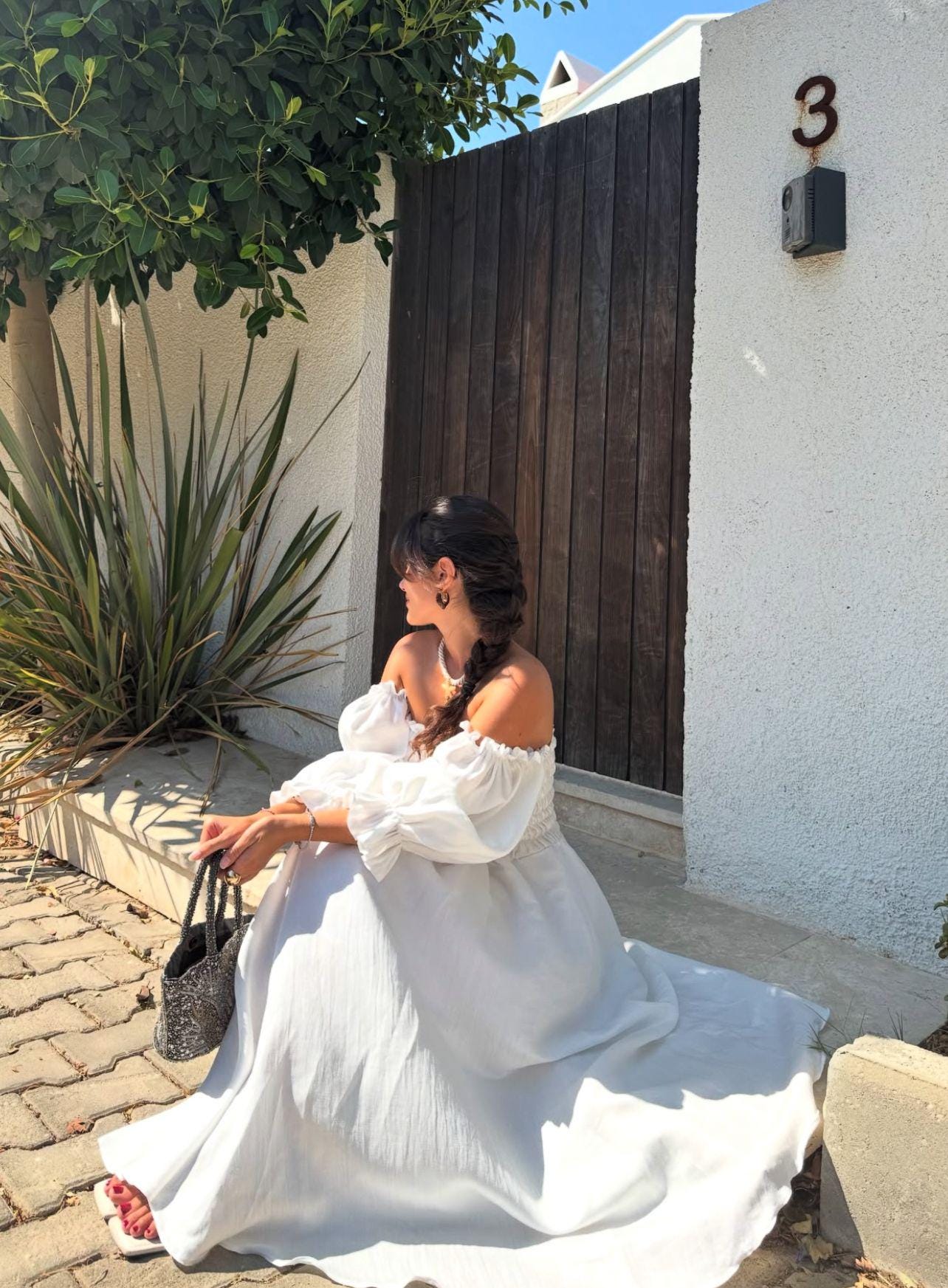 white linen off the shoulder dress Atlanta Linen Dress in White
