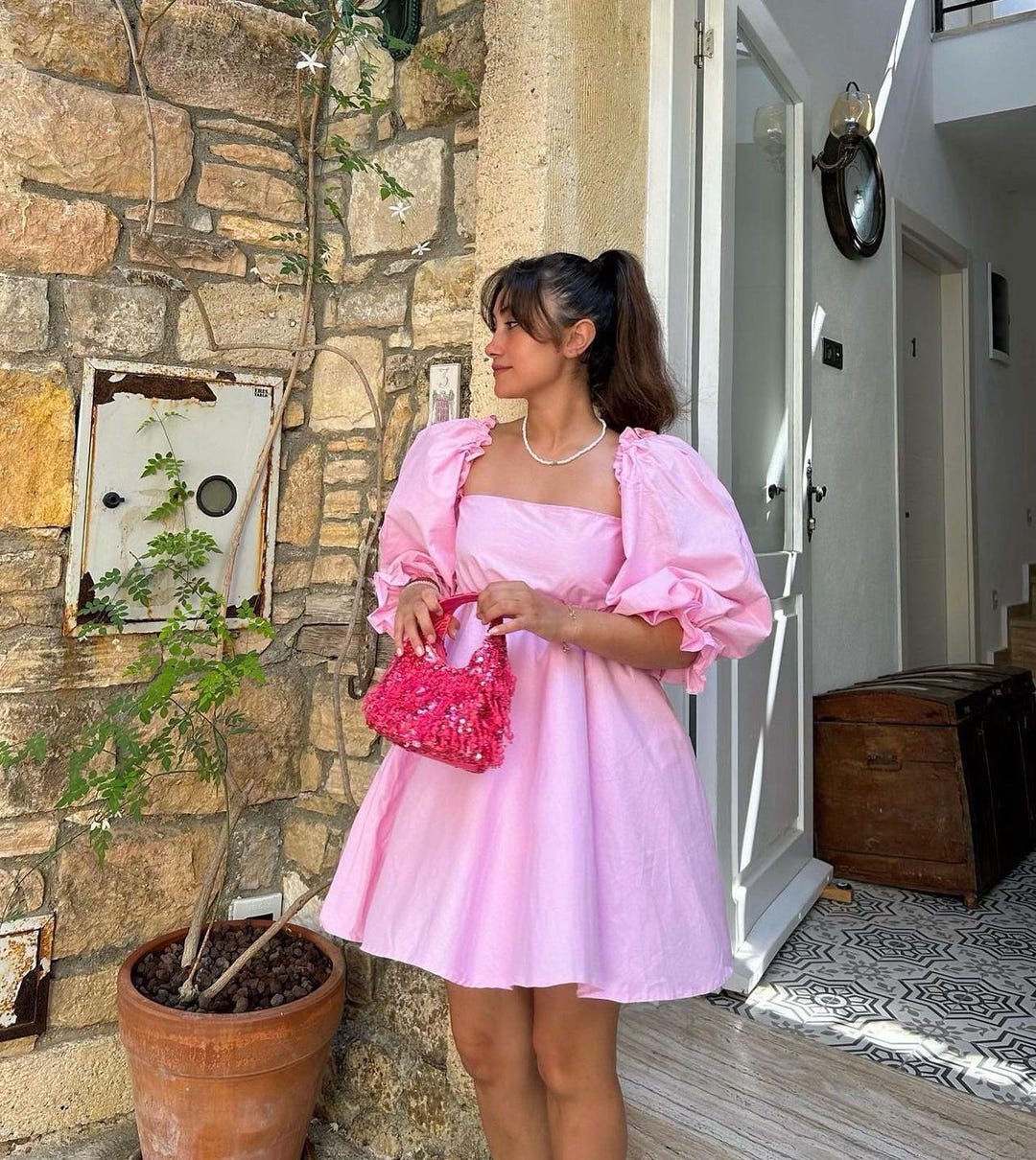 Handmade Pink Mini Dress | Puffy Balloon Sleeve Circle Dress