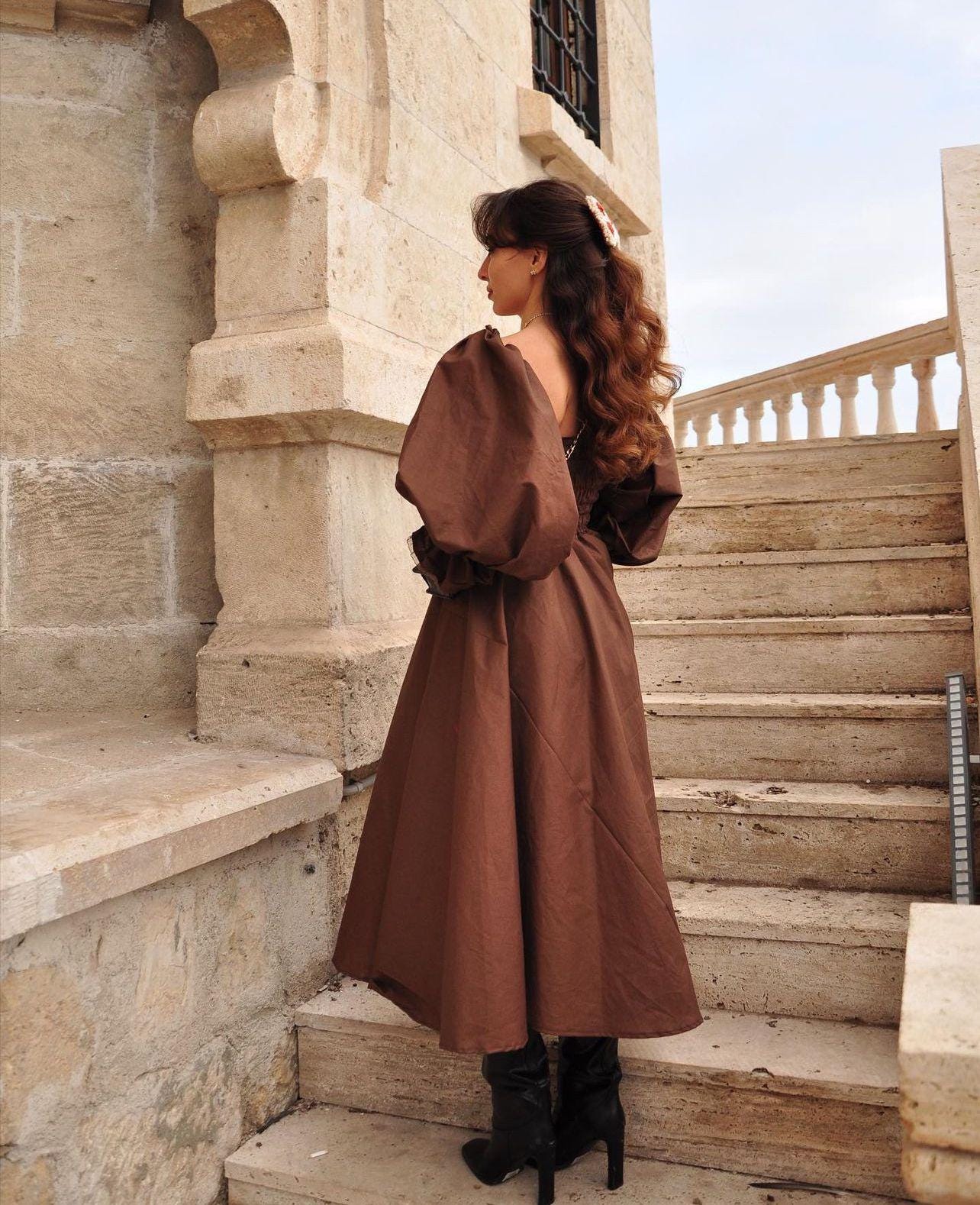 Brown Long Dress | Handmade Autumn Party Circle Dress