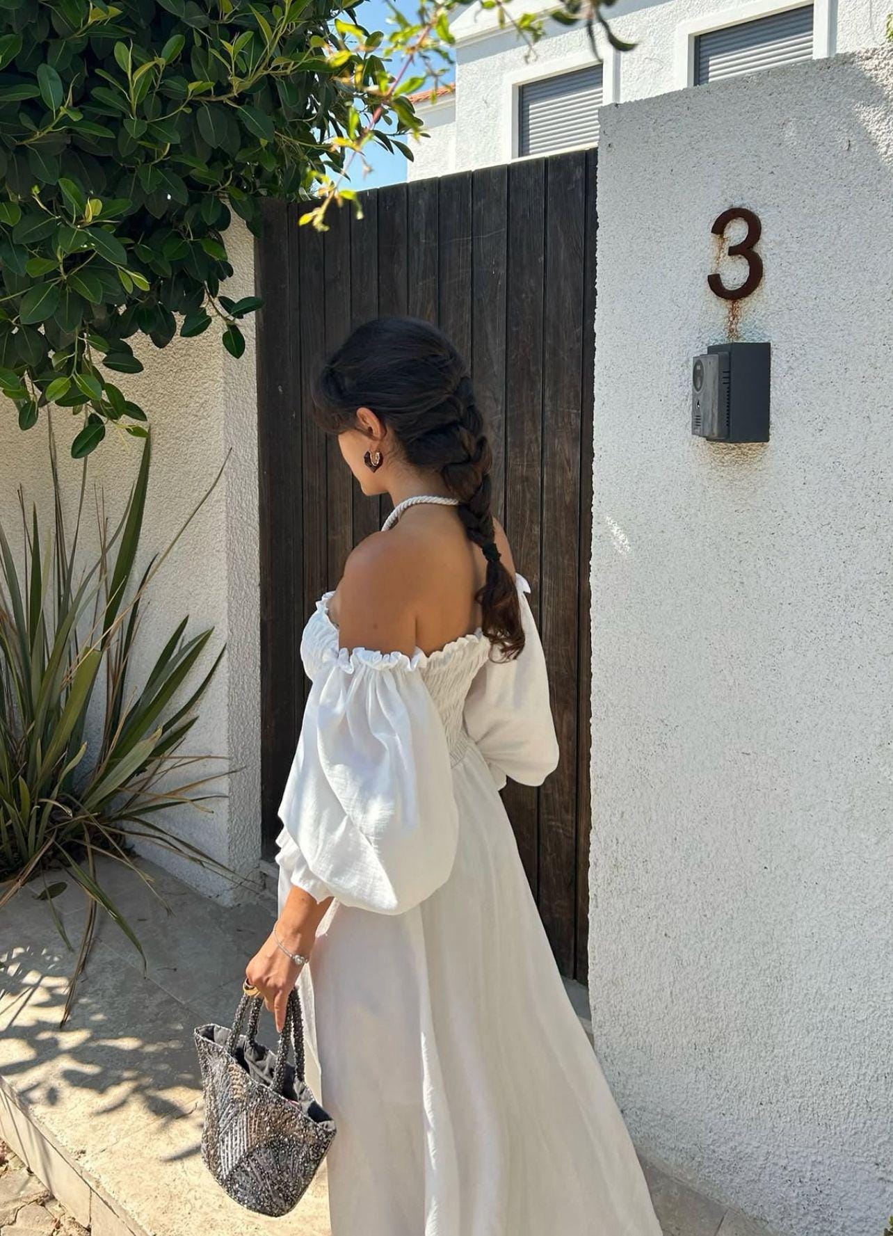 white off the shoulder dress with sleeves Celestara Off The Shoulder Maxi Dress White