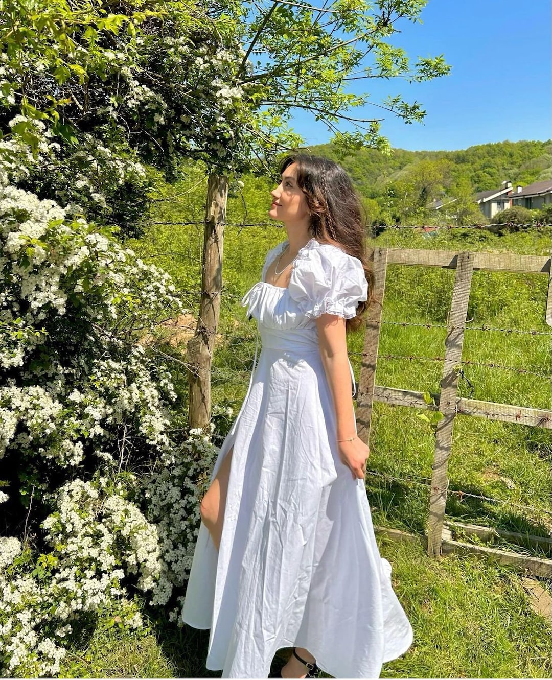 Handmade White Summer Dress | Balloon Sleeves, Slit Detail