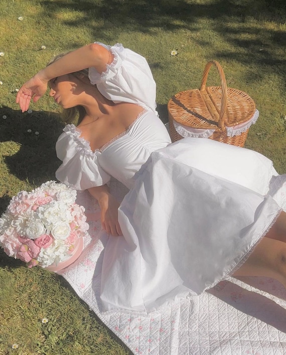Handmade White Poplin Dress | Ruffle Detail Balloon Sleeves