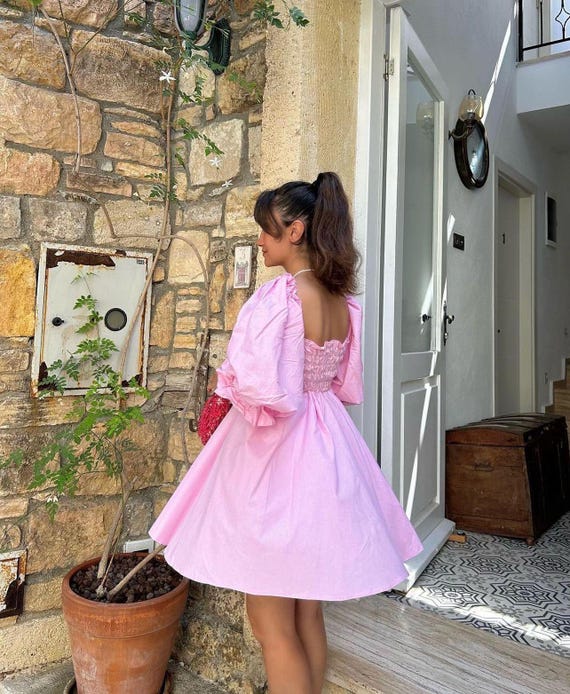 strapless open back dress Pink Floral Print Drawstring Tunic Flowy Short Dress main image 1
