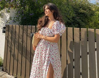 Handmade Floral Dress | White Summer Dress with Slit