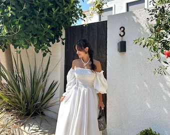 Handmade White Linen Dress | Off-Shoulder Balloon Sleeve