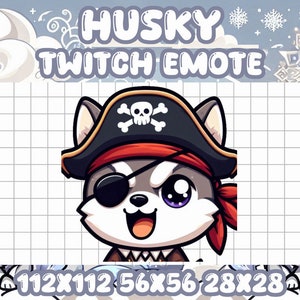 Puede incluir: Un husky de dibujos animados con un pañuelo rojo y un sombrero de pirata negro con una calavera y huesos cruzados. El husky tiene un parche en el ojo negro y está sonriendo. La imagen está sobre un fondo de cuadrícula con el texto "112x112 56x56 28x28" en la parte inferior.