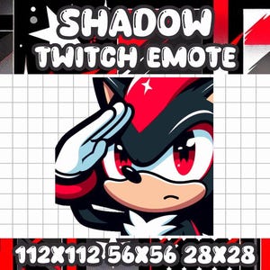 Puede incluir: Un personaje de dibujos animados rojo y negro con un guante blanco saludando. El personaje tiene ojos rojos y un mohawk negro y rojo. El texto "SHADOW TWITCH EMOTE" está por encima del personaje. El texto "112X112 56X56 28X28" está debajo del personaje.