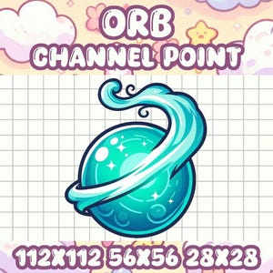 Peut inclure: Un orbe bleu avec une vague blanche tourbillonnante autour. L'orbe a un design bleu et blanc scintillant. Le texte "ORB CHANNEL POINT" est au-dessus de l'orbe. Le texte "112X112 56X56 28X28" est en dessous de l'orbe.