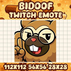 May include: A cartoon-style Twitch emote featuring a brown beaver wearing glasses and making a peace sign. The emote has the text "BIDOOF TWITCH EMOTE" above it, with size options below. The background is a light brown color.