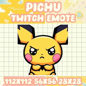 May include: A yellow Pichu Twitch emote with a grumpy expression, black ears, and pink cheeks. The text "PICHU TWITCH EMOTE" is above the character. The image includes size dimensions: 112x112, 56x56, and 28x28.
