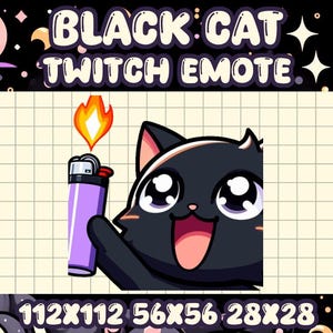May include: A black cat with large eyes and a wide grin holds a purple lighter with a flame on top. The cat is a Twitch emote with the text "BLACK CAT TWITCH EMOTE" above it.