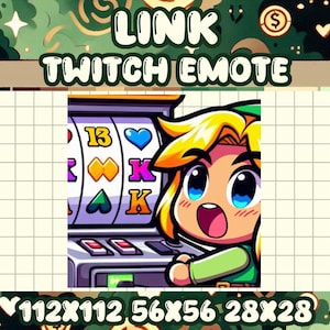 Könnte beinhalten: Eine Cartoon-Illustration von Link aus der Videospielserie The Legend of Zelda. Link steht vor einem Spielautomaten mit drei sich drehenden Walzen. Die Walzen zeigen ein Herz, eine gelbe Raute und einen Buchstaben K. Der Spielautomat hat ein grün-gelb-rotes Farbschema. Das Bild ist ein Twitch-Emote.