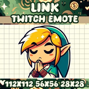 May include: A cartoon illustration of Link from the Legend of Zelda video game series. Link is wearing his signature green tunic and has a worried expression on his face. The image is a Twitch emote with the text "LINK TWITCH EMOTE" at the top and "112X112 56X56 28X28" at the bottom.
