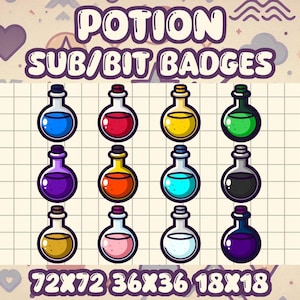 May include: Twelve colourful potion bottle designs, including blue, red, yellow, and green. The image features the text "POTION SUB/BIT BADGES" and size indicators: 72x72, 36x36, and 18x18.