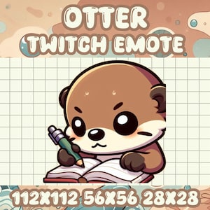 May include: A brown and white cartoon otter wearing a red shirt is writing in a green and red book with a green pen. The otter has a serious expression on its face. The background is a grid pattern.