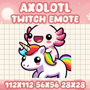 Puede incluir: Un emote de Twitch Axolotl con un axolotl rosa montando un unicornio blanco con una crin y cola de arcoíris. La imagen está sobre un fondo de cuadrícula con el texto "AXOLOTL TWITCH EMOTE" en la parte superior y "112X112 56X56 28X28" en la parte inferior.