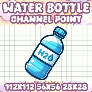 May include: A cartoon illustration of a blue water bottle with a white label that says "H2O" and a water droplet. The bottle is on a white grid background.