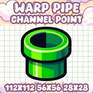 Op de afbeelding: Groen en zwart warp-pijp met de tekst "Warp Pipe Channel Point" erboven en de nummers "112x112 56x56 28x28" eronder.