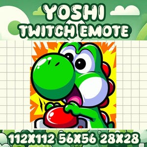 Puede incluir: Ilustración digital de Yoshi, un personaje de dinosaurio verde, sosteniendo un botón rojo. La imagen es un emote de Twitch, con el texto "YOSHI TWITCH EMOTE" en la parte superior. La imagen incluye los tamaños 112x112, 56x56 y 28x28.