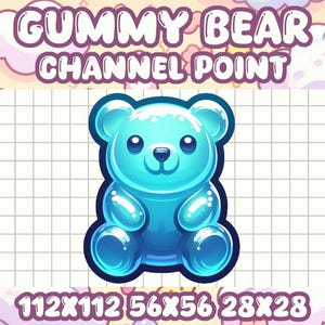 Puede incluir: Un personaje de dibujos animados de oso de gominola azul con contorno blanco. El oso está sentado sobre un fondo de cuadrícula blanca. El texto "GUMMY BEAR CHANNEL POINT" está encima del oso. El texto "112X112 56X56 28X28" está debajo del oso.