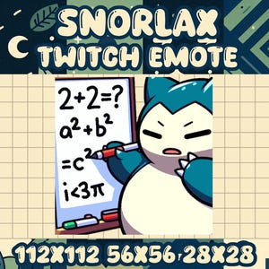 May include: A digital illustration of a Snorlax Twitch emote. The blue and white Snorlax is holding a red pen, looking at a whiteboard with math equations. The text "SNORLAX TWITCH EMOTE" is at the top. The image dimensions are 112x112, 56x56, and 28x28 pixels.