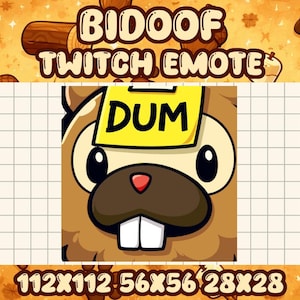Könnte beinhalten: Ein Cartoon-Twitch-Emote mit einem braunen Biber und einem gelben Haftzettel mit der Aufschrift "DUM". Das quadratische Emote hat einen Rasterhintergrund. Der Text "BIDOOF TWITCH EMOTE" steht oben.